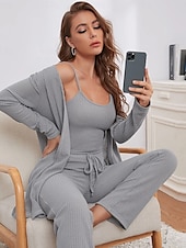 billige Nattøy for damer-kvinners loungewear sett 3 stykker ren farge tilfeldig komfort hjemme komfort stropper stropp topp bukselomme høst vinter hjemmeantrekk