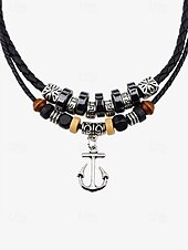 economico Gioielli da uomo-collana con ciondolo a forma di ancora multistrato da uomo - corda satinata, calcoli biliari neri, perline di legno e lega, lunghezza regolabile, stile nautico per abbigliamento casual e da spiaggia