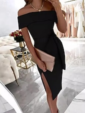 abordables robe noire midi-Femmes Robe Midi Robe noire Robe de remise des diplômes Robe unie Occasionnel Rue Date Coupe régulière Uni Manche Courte Épaules Dénudées Noir Rose Claire Rouge Été Printemps