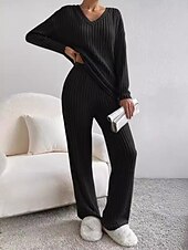 cheap Pajama-setter-Women&#039;s Loungewear Pajama Set Simple Home V Neck Long Sleeve Pullover Pant Spring Fall Black Blue Home Outfits