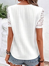 preiswerte Spitzenoberteile-Wohnende weiße elegante Spitzenoberteile Augenbluse lässige einfarbige reguläre Oberteile Kurzarm V-Ausschnitt Spitzen-Patchwork-Buttons reguläre Passform täglicher weißer romantischer kleiner