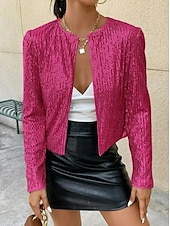 cheap Furs &amp; Leathers-Women&#039;s Casual Jacket Dailywear Sequin Solid Color Cool Regular Fit Outerwear Long Sleeve Spring Rose Gold S