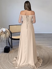 tanie szampan-Suknia wieczorowa Sheath Elegancka Sukienka Formalna Długość Do Podłogi Długi Rękaw Na Ramionach Szampan Matki Panny Młodej Sukienka z Satyny z Perłami Spódnicą