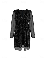 voordelige Vrouwen zwarte jurk-Dames Zwarte jurk Halflange jurk Pailletten Netstof Casual Elegante jurk V-hals Lange mouw Zwart Kleur