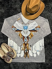 levne Boho tričko-dámské tričko vintage ležérní tisk s dlouhým rukávem běžné topy v krku dovolená víkend armáda zelená šedá jaro podzim