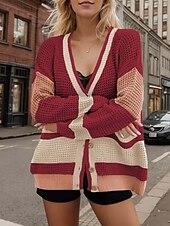 voordelige Vesten en bovenkleding-Dames Vest Stijlvol Effen Kleur Open voorzijde Zak Drop Shoulder Lange mouw Lange tops breien Dagelijks Uitgaan Rood Herfst Winter