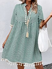 halpa Tulosta kukkamekot-Naisten Boho-mekko Rantamekko Rantavaatteet Pitkä mekko Maxi mekko Tupsu Painettu Muoti Vapaa-aika Geometrinen V kaula-aukko Puolihiha Normaali istuvuus Päivittäin Loma Sininen Mintun vihreä 2023