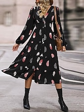 cheap Casual Dress-Women&#039;s Feather Print V Neck Midi Dress 3/4 Length Sleeve Spring Fall