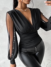 billige Dressy topper-Dame Bluse Helfarge Stilfull Moderne Langermet V-hals Vanlige topper Arbeid Daglig Netting Lapper Svart Rød Lilla Brun Høst Vinter