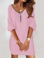 cheap Jumper Dresses-Women&#039;s Plain Dress Mini Dress Zipper Vintage Casual V Neck Long Sleeve Black White Pink Color