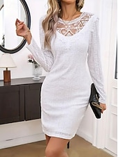 economico Abiti in pizzo bianco-Per donna Abito semplice Mini abito Pizzo Collage Informale Girocollo Manica lunga Bianco Colore