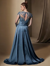 economico BLU-Abito da festa sirena Madre della Sposa Abito Ospite di matrimonio Elegante Collo gioiello Treno a strascico  spazzola Stretch raso Manica lunga con pizzo paillettes arricciato per impressionare 2025