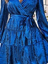 cheap Cocktail Dress-Women&#039;s Layered Bow Waist Dress Mini Dress Puff Sleeve Elegant Classic Plain V Neck Long Sleeve Wedding Guest Cocktail Party Spring Fall Black Blue