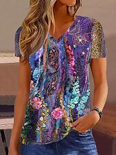 voordelige Bloementhee-Dames Tuniek T-shirt Mode Casual Print Korte Mouw Regular Tops V-hals Dagelijks Paars Lente Herfst