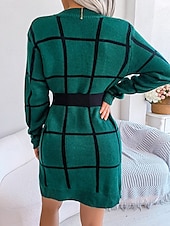 baratos Vestidos de malha-Mulheres Suéter Elegante Moda Geométrica Gola Redonda Imprimir Manga Longa Tops regulares Tricotar Trabalho Diário Amarelo Verde Outono Inverno