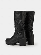 levne Slouch Boots-dámské černé kozačky s mohutným podpatkem a podrážkou – retro kozačky do půlky lýtek z umělé kůže na podzim a zimu