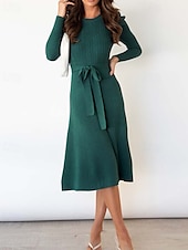 preiswerte Strickkleider-Damen Pullover Kleid Modisch elegante kleider Feste Farbe Gerippt Rundhalsausschnitt Strick Langarm Normale Oberteile Stricken Arbeit Täglich Schwarz Grün Herbst Winter