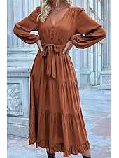 abordables Robes de travail-Robe unie Femme Robe Maxi Lacet Ruché Plein Air Rendez-vous Décontractées Col V manche longue Ample Bleu Orange Vert S M L XL