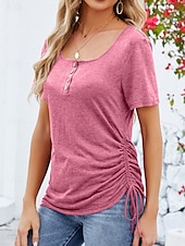 billige Plain t-skjorte-Dame T skjorte عادي Mote Moderne Fritid Kortermet Firkantet hals Vanlige topper Daglig Helg Knapper Svart Rosa Vin Sommer