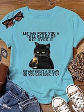 abordables T-shirt Humor &amp; Citations-Femme T shirt Chat Lettre Décontractées Manche Courte Col Ras du Cou Hauts réguliers du quotidien Imprimer Blanche Bleu Blanc Ecru Eté