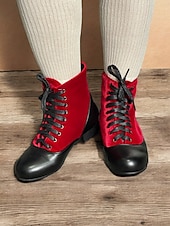 tanie Buty vintage-damskie wiktoriańskie botki sznurowane w kolorze czerwonym i czarnym z kontrastowym zamszem i skórą - buty na płaskim obcasie inspirowane stylem vintage na cosplay i formalne imprezy