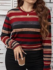 economico T-shirt taglie forti-Per donna Taglia grossa Top maglietta A strisce Stampa Manica lunga Girocollo Informale Giornaliero Poliestere Autunno Inverno Vino