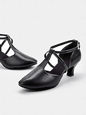 economico Scarpe per balli latini-scarpe da ballo in similpelle nera con cinturino incrociato – comode scarpe col tacco da ballo latino e da sala da ballo da donna