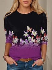 tanie koszulka w kwiaty-Kobiec T-shirt tunika moda casual nadruk długi rękaw regularne topy dekolt zaokrąglony codzienny czarny wiosna jesień