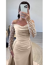 tanie szampan-Suknia wieczorowa Sheath Elegancka Sukienka Formalna Długość Do Podłogi Długi Rękaw Na Ramionach Szampan Matki Panny Młodej Sukienka z Satyny z Perłami Spódnicą