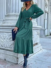 abordables Robes de travail-Robe unie Femme Robe Maxi Lacet Ruché Plein Air Rendez-vous Décontractées Col V manche longue Ample Bleu Orange Vert S M L XL