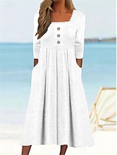 preiswerte Kleider für die Ferien-Damen Casual kleid Midikleid Patchwork Taste Urlaub Strassenmode Basic Quadratischer Ausschnitt 3/4 Ärmel Schwarz Weiß Wein Farbe