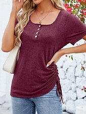 billige Plain t-skjorte-Dame T skjorte عادي Mote Moderne Fritid Kortermet Firkantet hals Vanlige topper Daglig Helg Knapper Svart Rosa Vin Sommer