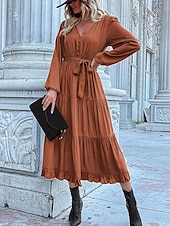 abordables Robes de travail-Robe unie Femme Robe Maxi Lacet Ruché Plein Air Rendez-vous Décontractées Col V manche longue Ample Bleu Orange Vert S M L XL