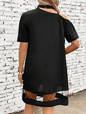 abordables Robe noire-robe noire Robe unie Femme Robe mi-longue Maille Patchwork Plein Air Rendez-vous Rétro Vintage Décontractées Une Epaule Manche Courte Ample Noir S M L XL
