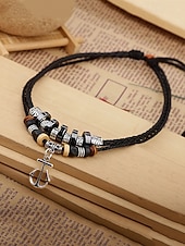 economico Gioielli da uomo-collana con ciondolo a forma di ancora multistrato da uomo - corda satinata, calcoli biliari neri, perline di legno e lega, lunghezza regolabile, stile nautico per abbigliamento casual e da spiaggia