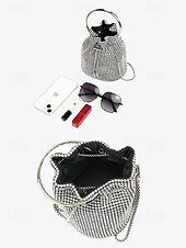cheap Clutches &amp; Evening Bags-Women&#039;s Sparkling Silver Rhinestone Bucket Bag with Metal Ring Handle | Glamorous Accessory for Evening Parties and Special Occasions
