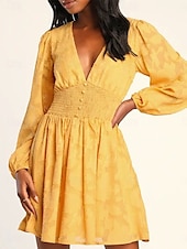 abordables Robes en dentelle blanche-Robe unie Femme Mini robe Maille Patchwork Plein Air Rendez-vous Elégant Décontractées Col V manche longue Ample Blanche Jaune Vert Claire S M L XL