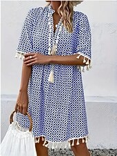 halpa Tulosta kukkamekot-Naisten Boho-mekko Rantamekko Rantavaatteet Pitkä mekko Maxi mekko Tupsu Painettu Muoti Vapaa-aika Geometrinen V kaula-aukko Puolihiha Normaali istuvuus Päivittäin Loma Sininen Mintun vihreä 2023