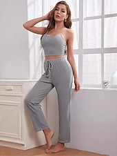 billige Nattøy for damer-kvinners loungewear sett 3 stykker ren farge tilfeldig komfort hjemme komfort stropper stropp topp bukselomme høst vinter hjemmeantrekk