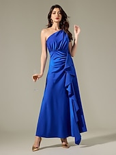 baratos vestido de festa-vestido longo azul cetim sem mangas com babados e um ombro só