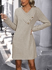 Women's Mini Dress Sweater Dress Casual Dress Plain Dress Basic Casual Flared Vacation Street Regular Fit Long Sleeve V Neck Apricot Fall Winter 12