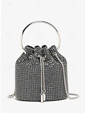 cheap Clutches &amp; Evening Bags-Women&#039;s Sparkling Silver Rhinestone Bucket Bag with Metal Ring Handle | Glamorous Accessory for Evening Parties and Special Occasions