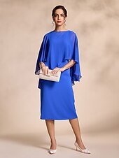 abordables Bodas y eventos-Vestido de gasa azul casual de 2 piezas con mangas redondas y corte midi para madre de la novia, vestido para impresionar 2024