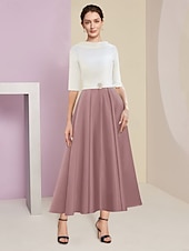 economico Mom&#039;s Dress Sets-Beach Wedding A-Line Mother of the Bride Dress Wedding Guest Elegant Vintage Jewel Neck Tea Length Charmeuse Half Sleeve with Pleats Crystals free custom size