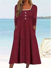preiswerte Kleider für die Ferien-Damen Casual kleid Midikleid Patchwork Taste Urlaub Strassenmode Basic Quadratischer Ausschnitt 3/4 Ärmel Schwarz Weiß Wein Farbe