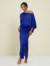 economico Women&#039;s Sets-Set di due pezzi per invitati al matrimonio in raso, collo slash floreale, maniche a Giulietta, gamba larga