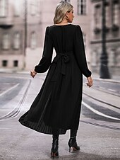 levne maxi černé šaty-Dámské Maxi šaty Černé šaty Pevná barva Vinobraní Módní Denní Nabírané šaty Dlouhý rukáv Do V Šaty Volný Černá Jaro Podzim S M L XL