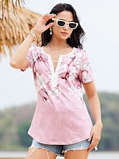 cheap Floral tee-Women&#039;s T Shirt Henley Shirt Floral Vintage Tunic Short Sleeve V Neck Regular Tops Casual Daily Print Red Green Gray