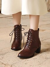 levne Cowboy &amp; Western Boots-dámské hnědé šněrovací viktoriánské boty se středním podpatkem - ideální pro běžné nošení, outdoorové aktivity a víkendové výlety