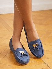 billiga Lätta damskor-dam loafers i blå mocka med tofsar – bekväma slip-on mockasiner för vardagligt och vardagsbruk